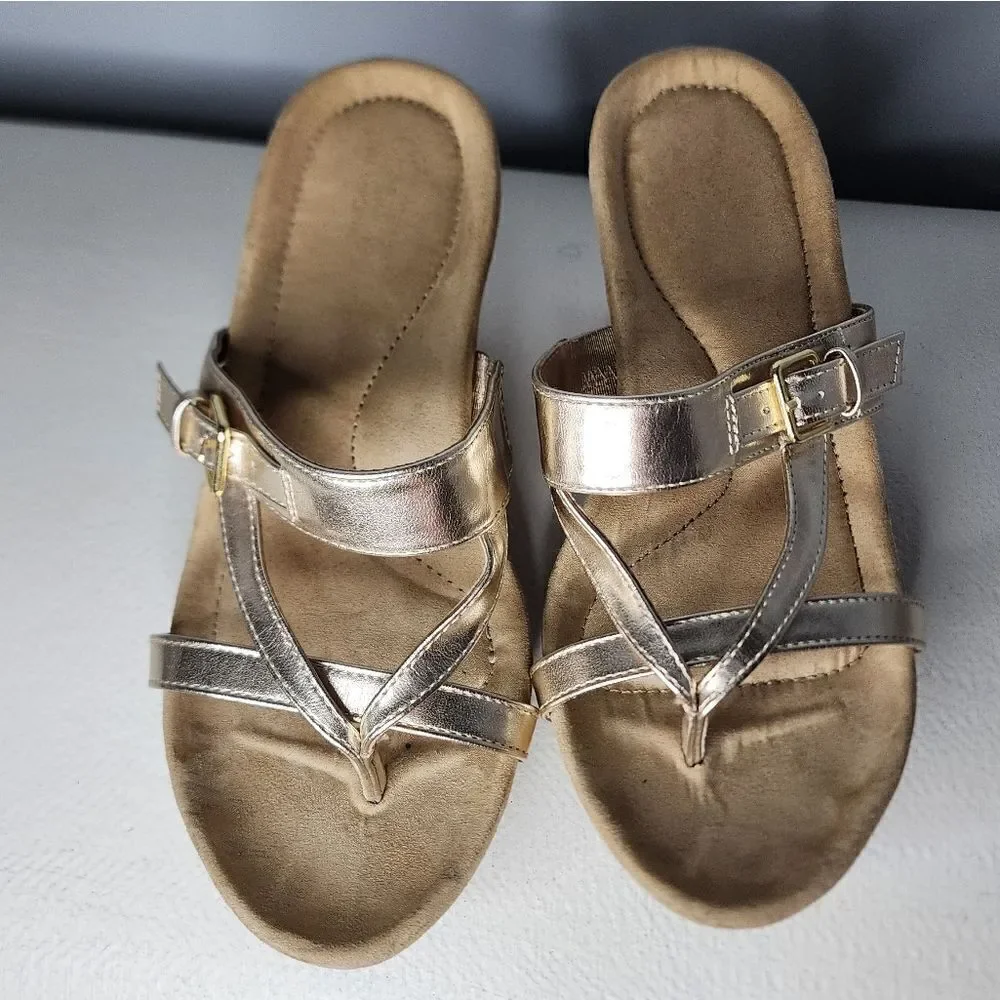 Cheeks Fit Body Strappy Thong Wedge Gold Synthetic Women Shoes Size 7 M  Medium
